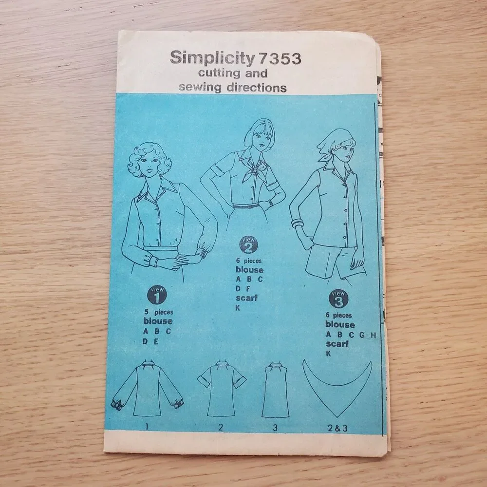 Vintage 70s Simplicity 7353 Blouse & Scarf Sewing Pattern Size 40/42